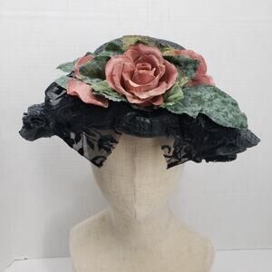 Vintage Straw Hat Womens One Size Black Floral Ruffle Lace Witchy Shabby Chic